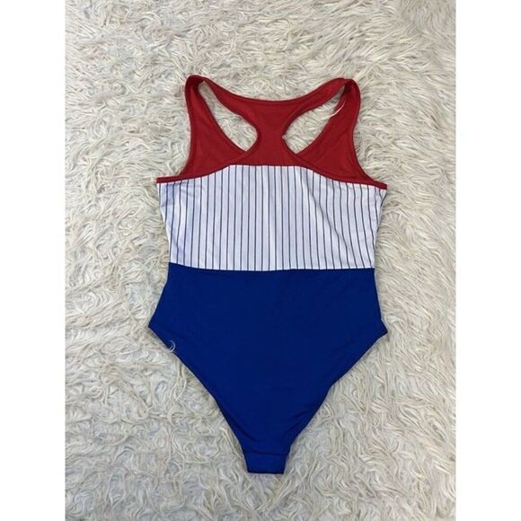 Pepsi Womens Size Large One Piece Swimsuit Razor Back Retro Summer Red & Blue - Picture 2 of 10